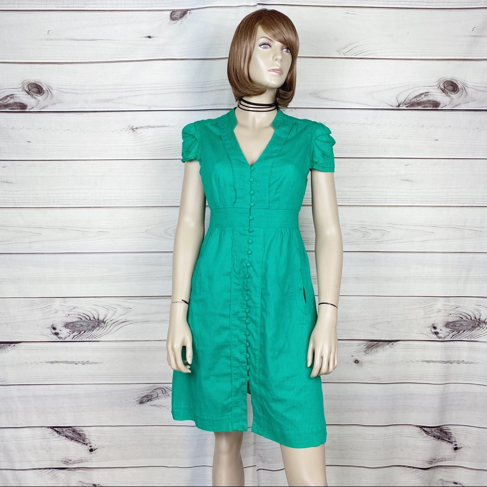 Anthropologie Maeve Green Stripe Cap Sleeve Dress